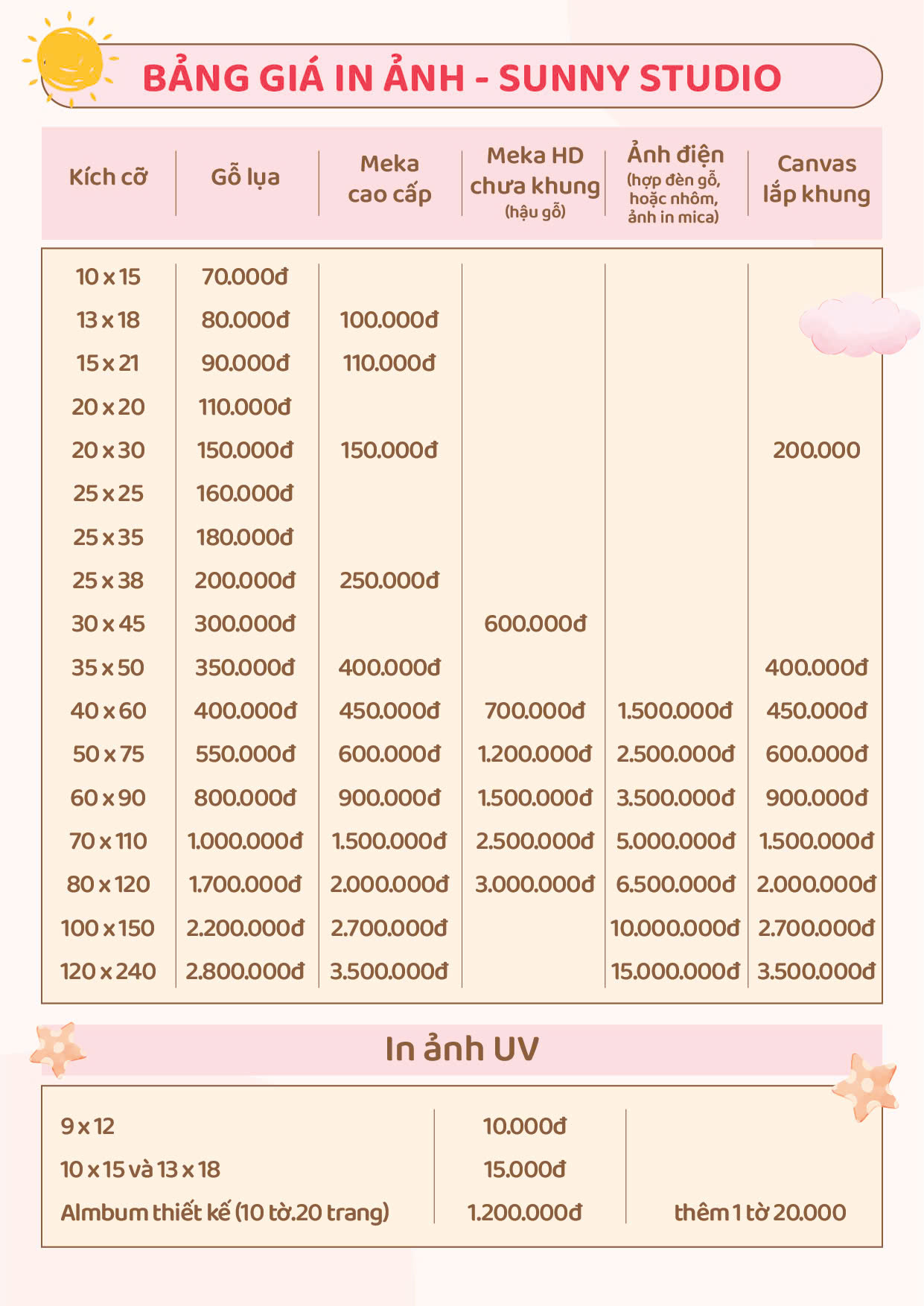 Bảng giá chụp ảnh phóng tại Sunny studio