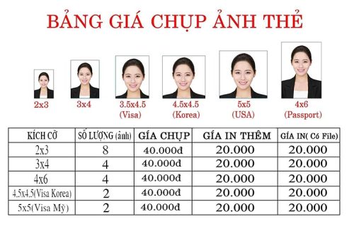 Bảng giá dịch vụ chụp ảnh thẻ lấy ngay