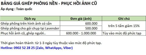 bảng giá dịch vụ phục chế